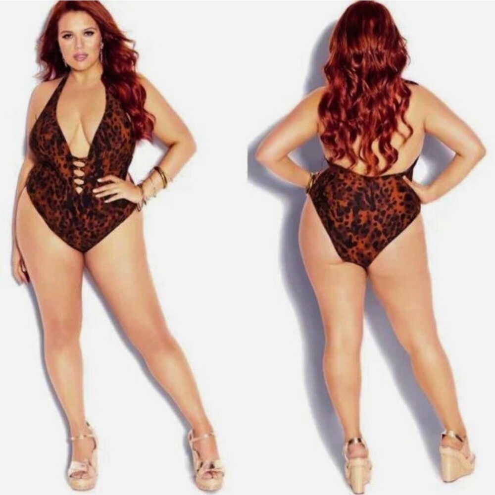 NWT‎ City Chic CCX Leopard Plunge One-Piece - Size M 🐆 Moody Edgy Sexy